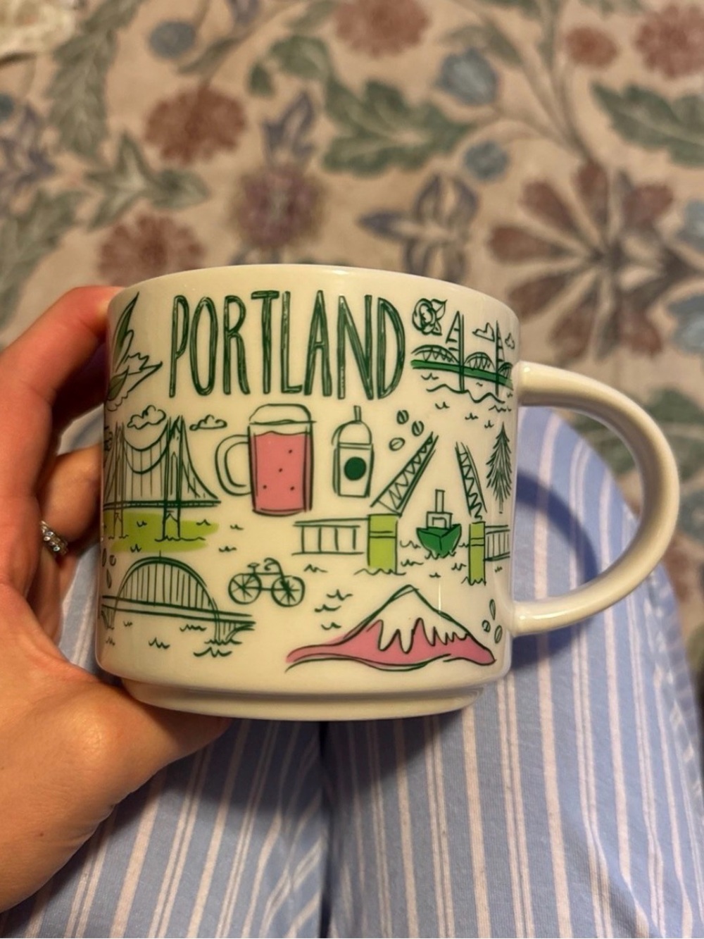 Starbucks Portland Ceramic Mug in White with Green and Pink Accents